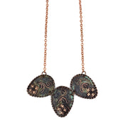 Copper Patina Necklace - 3 Wavy Line and Filigree Teardrops