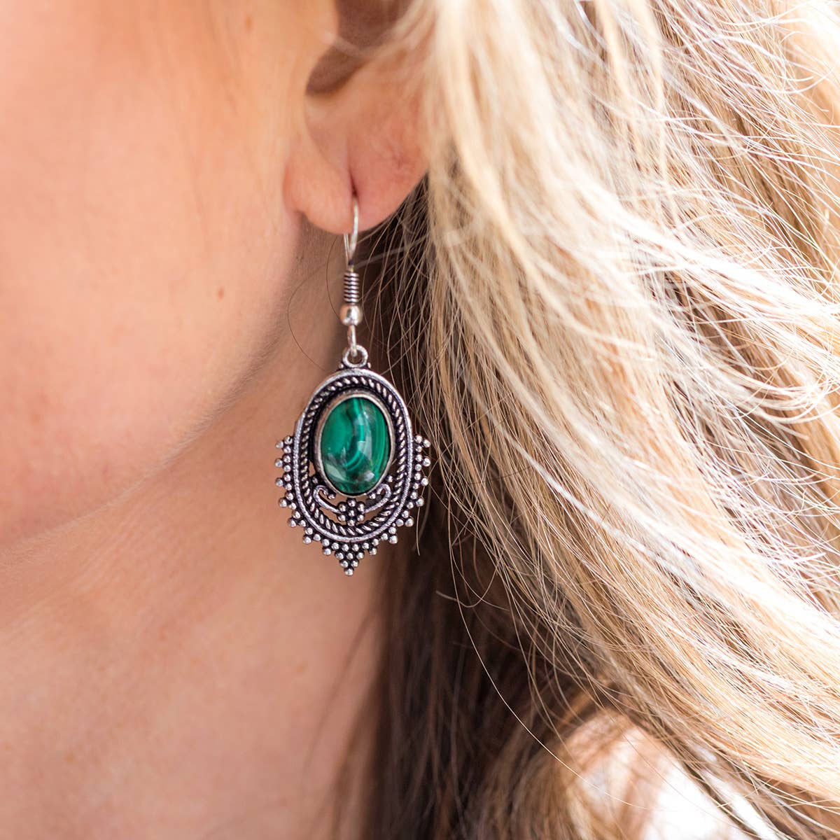 Tanvi Collection Earrings - Silver Oval with Malachite
