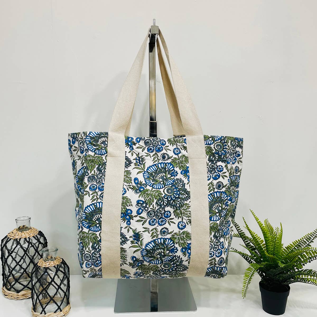 Handcrafted Canvas Bag with Block-Printed Forget me not