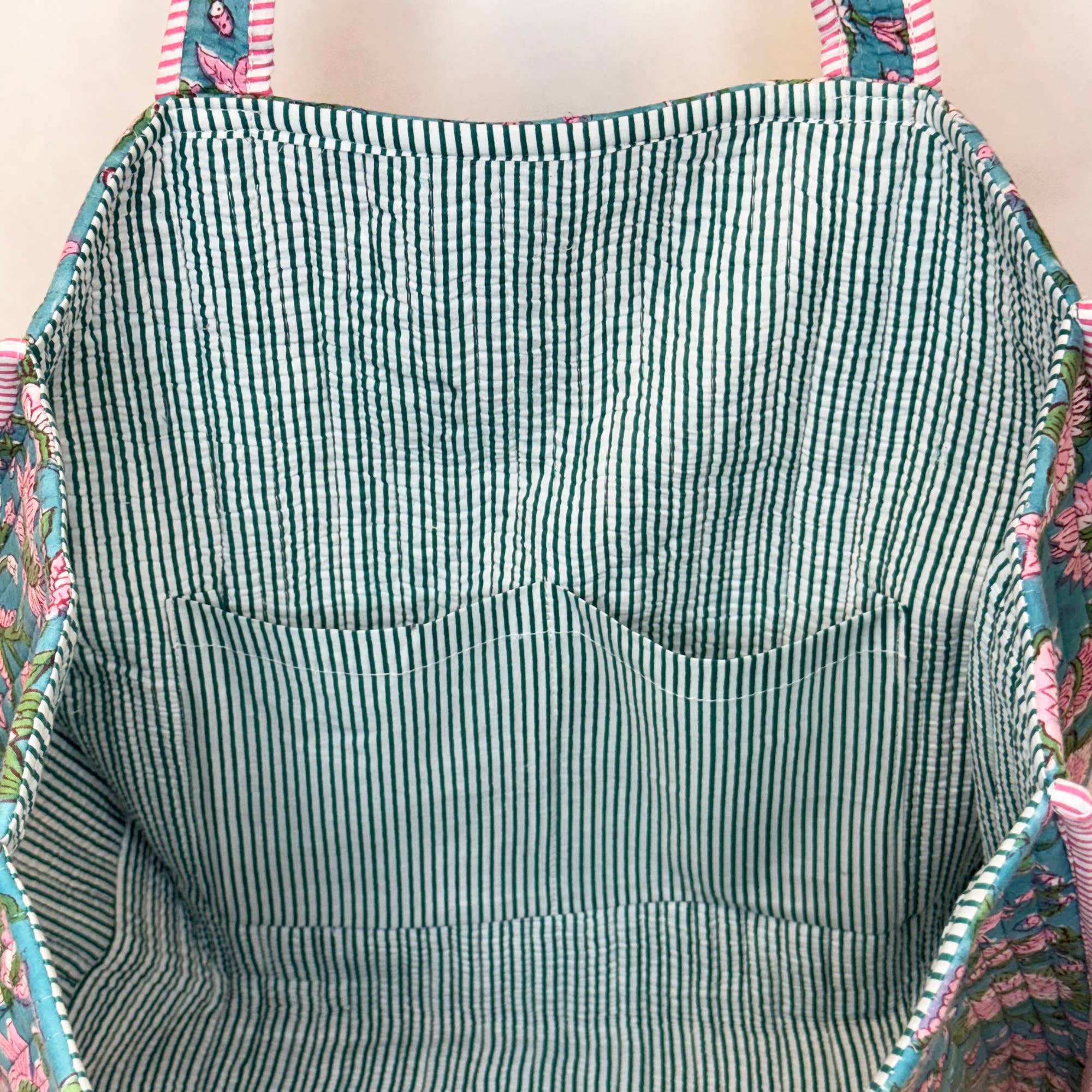 Aqua Bloom Quilted Block-Printed Tote