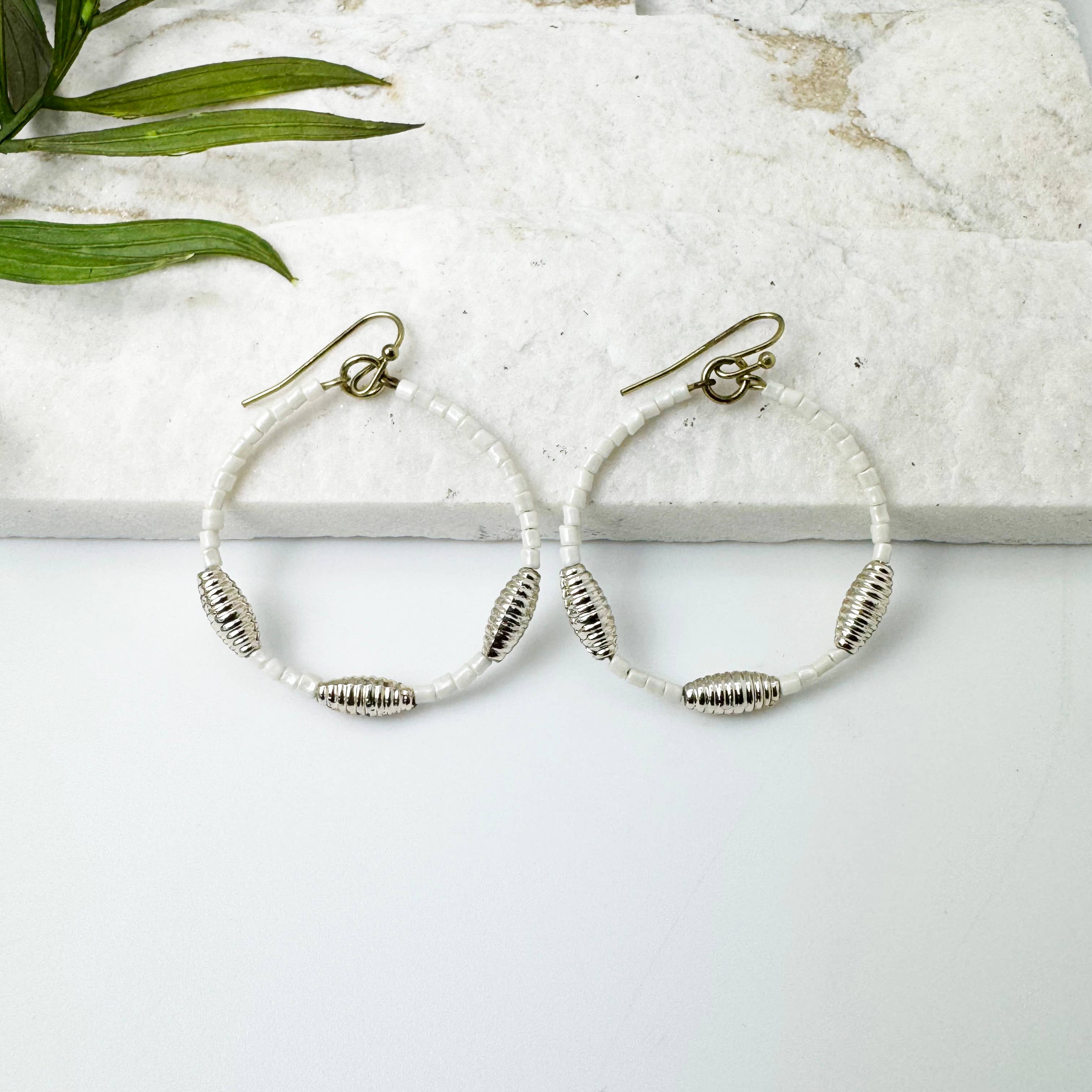 Seed Bead Hoop Earrings - White