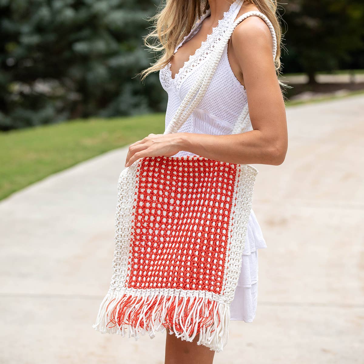 Millie Bag - Knitted Raffia Bag with fringes - Red