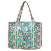 Aqua Bloom Quilted Block-Printed Tote