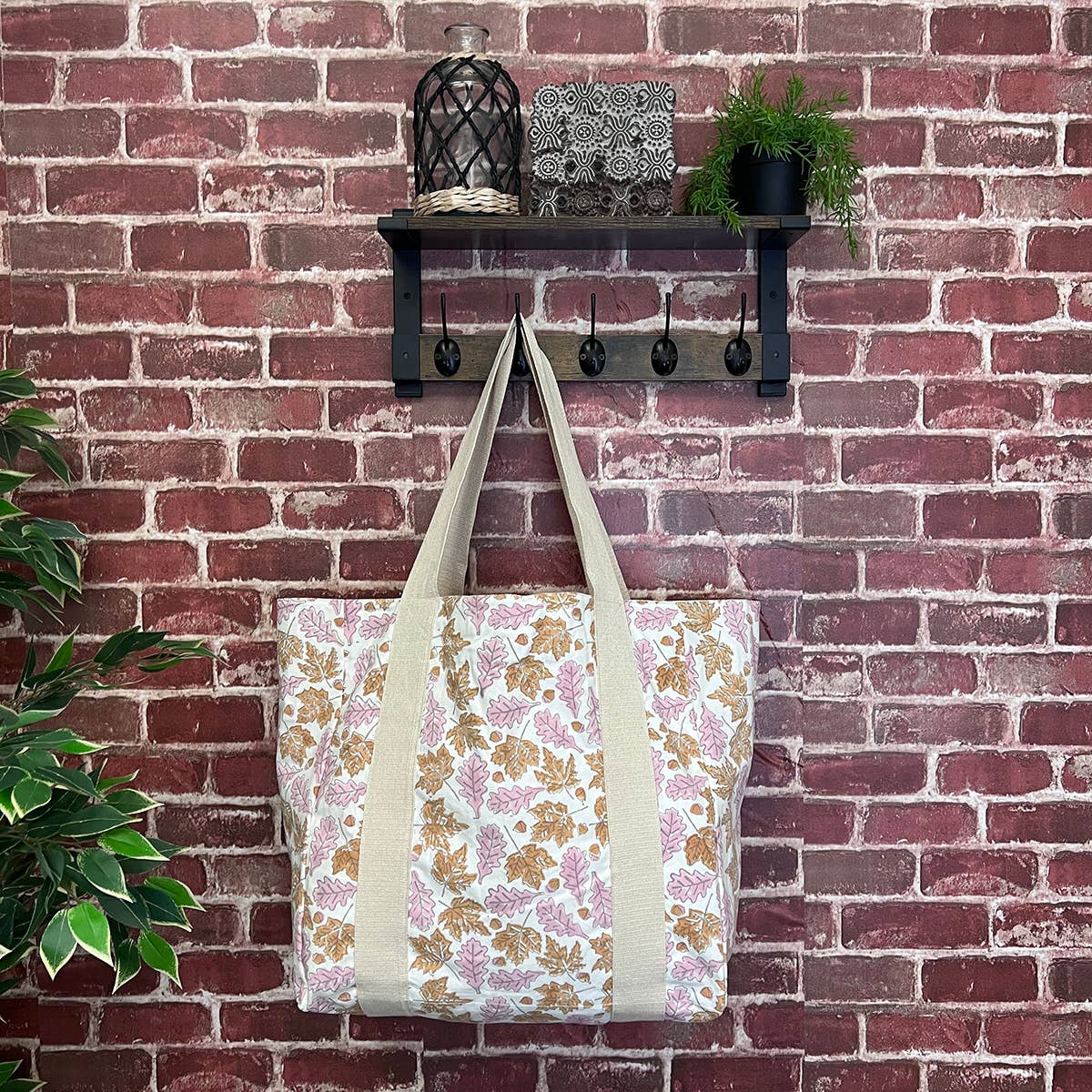Handcrafted Canvas Bag with Block-Printed Leaves pattern