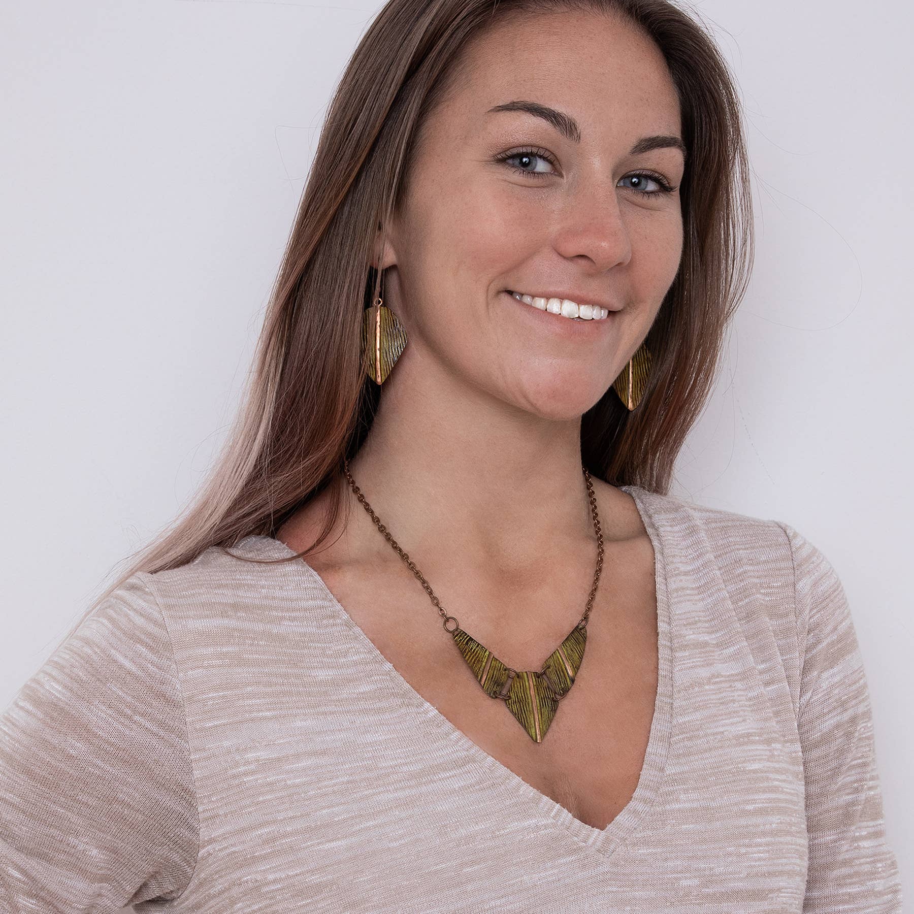 Copper Patina Necklace - Chartreuse Hatchmark Print