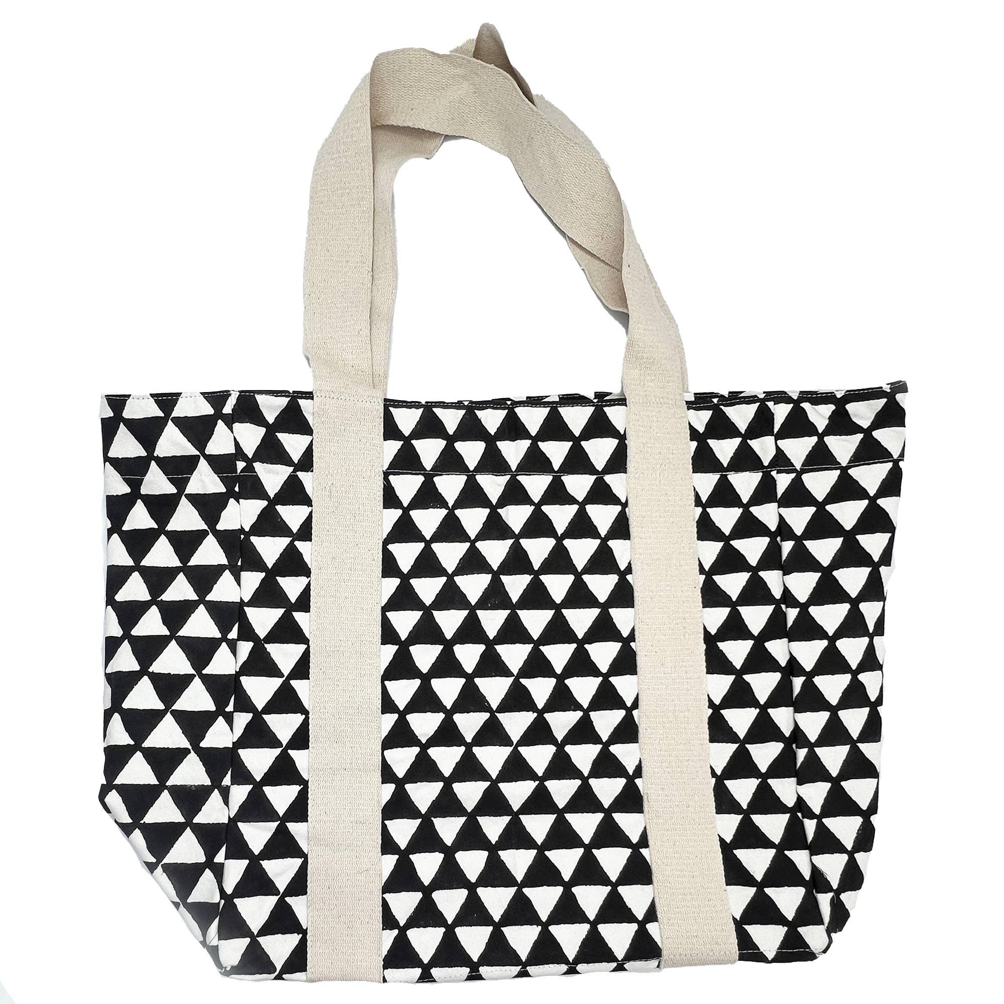 Handcrafted Canvas Bag with Block-Printed Midnight Triangles
