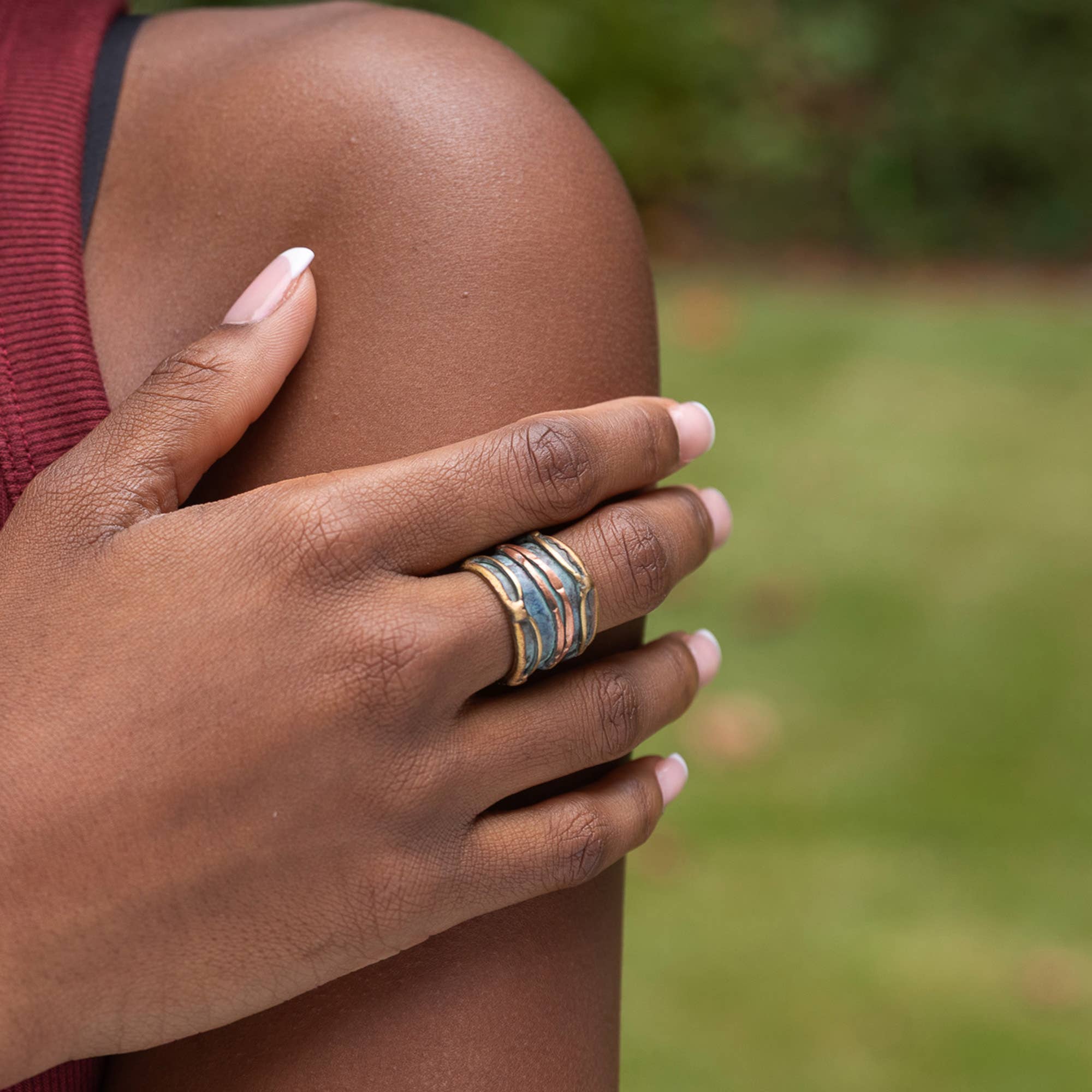 Handcrafted Rustic Blue & Copper Wave Brass Patina Ring