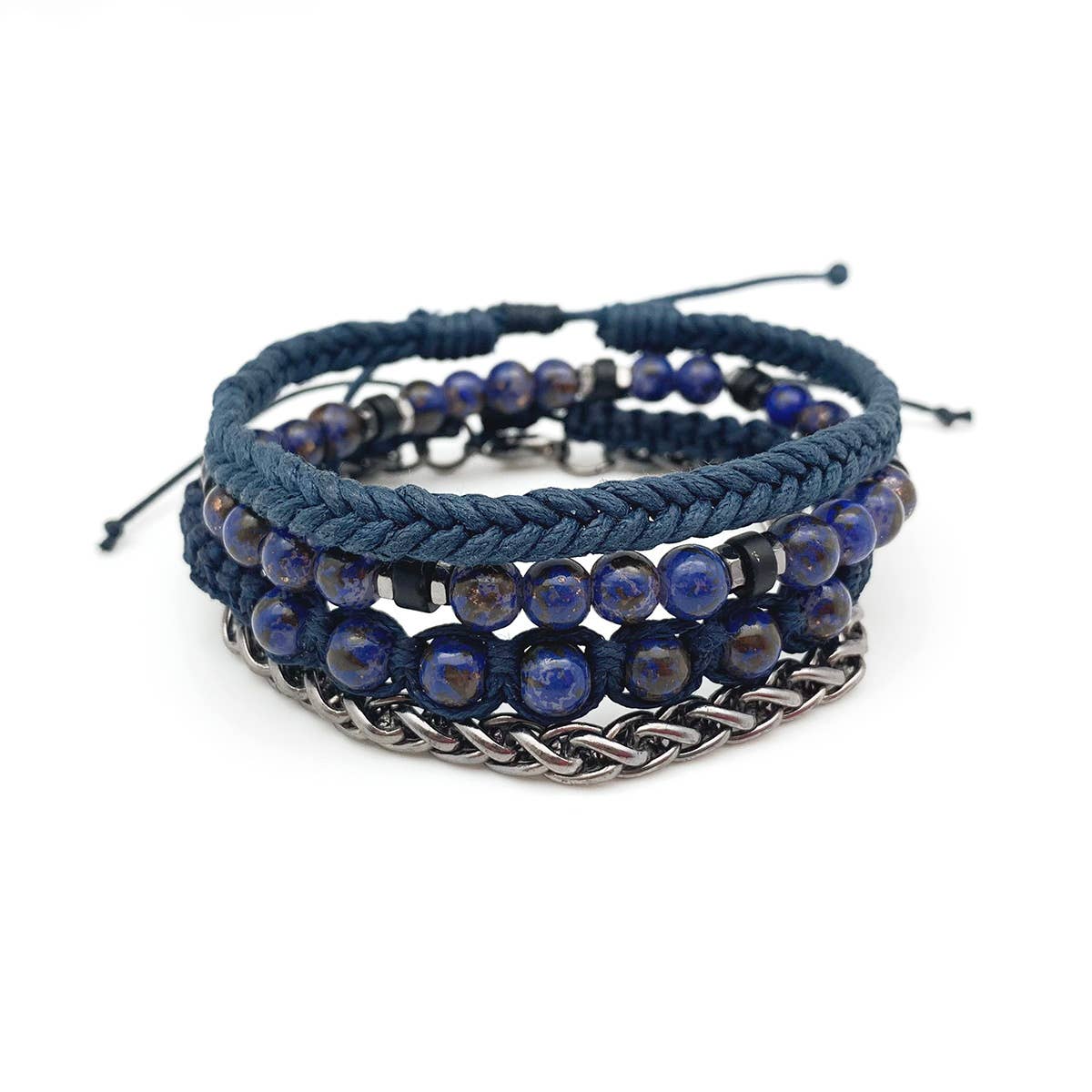 Aadi Blue Stone Beads & Cord with Silver Chain Bracelet Set