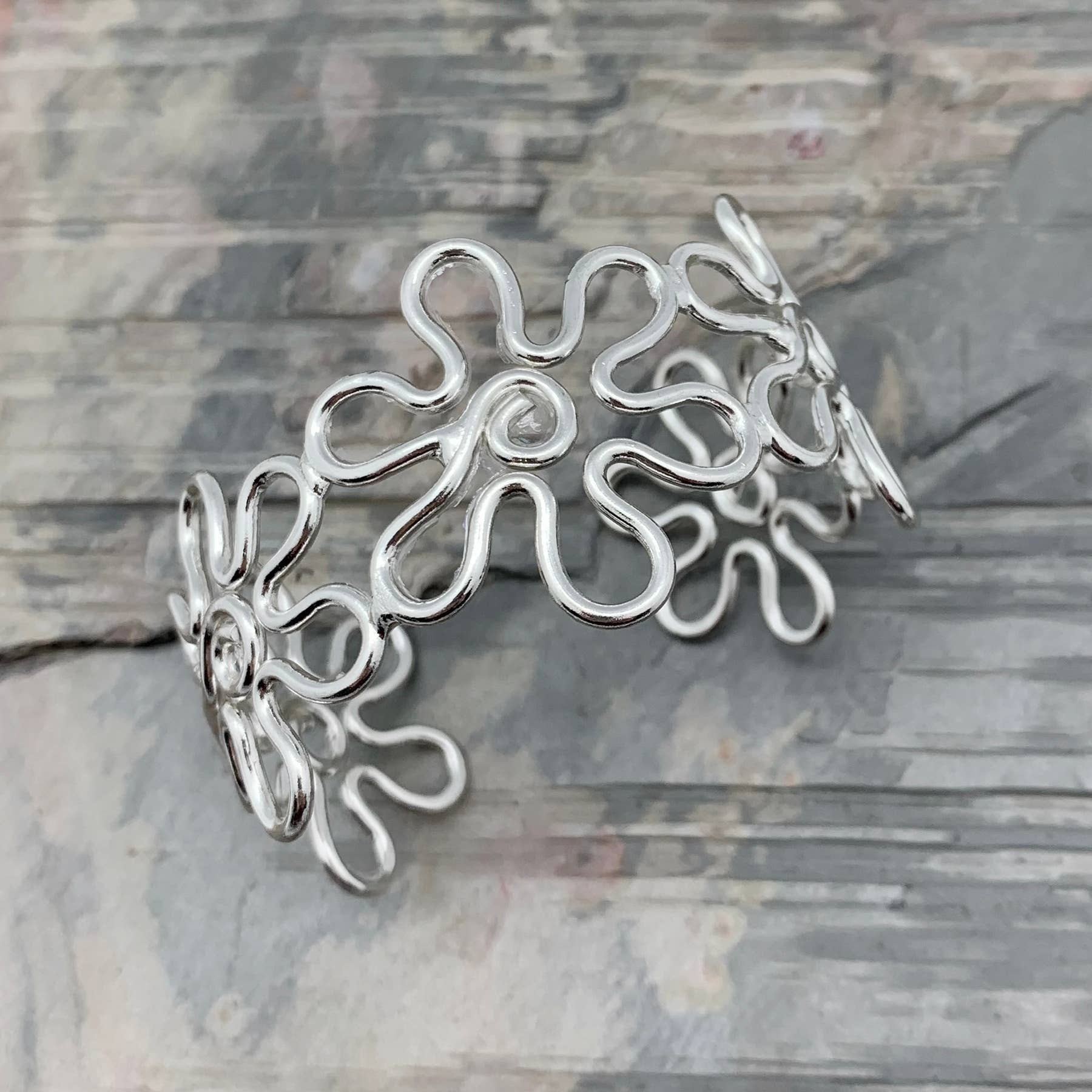 Silver Plated Adjustable Cuff Bracelet - Flowers