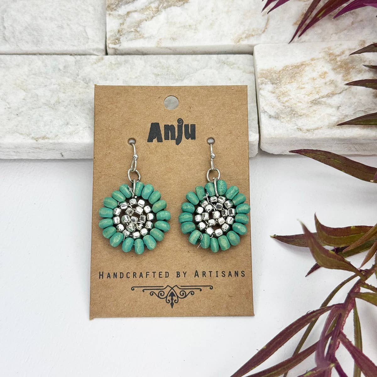 Sachi Wood Bead Flower Earrings - Sea Green