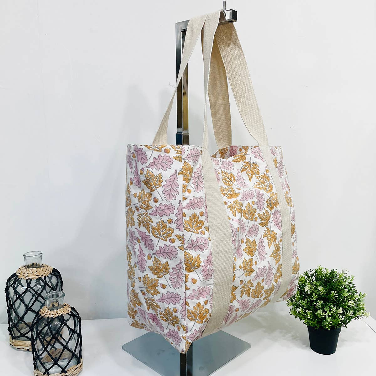 Handcrafted Canvas Bag with Block-Printed Leaves pattern