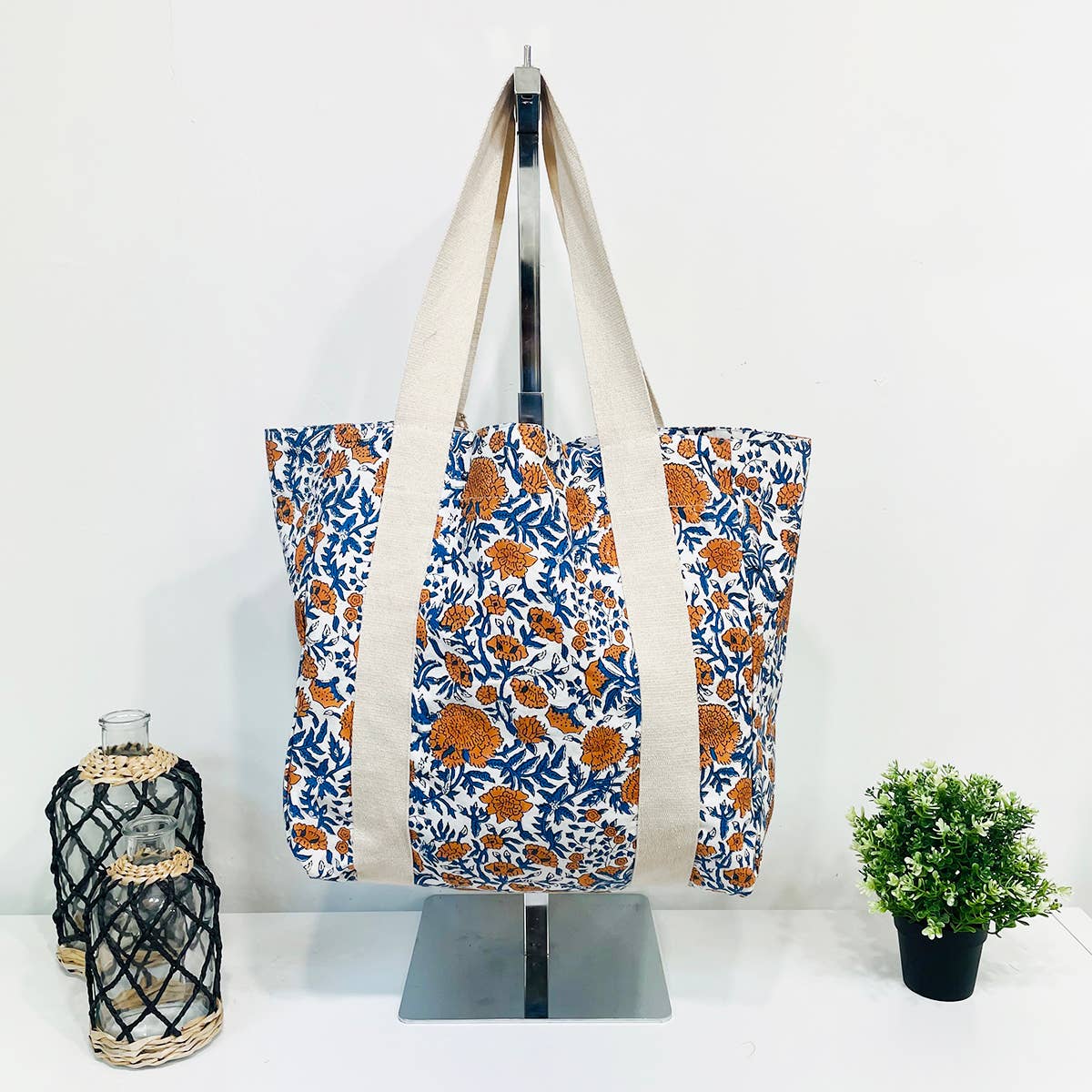 Handcrafted Canvas Bag with Block-Printed Marigold Wonders