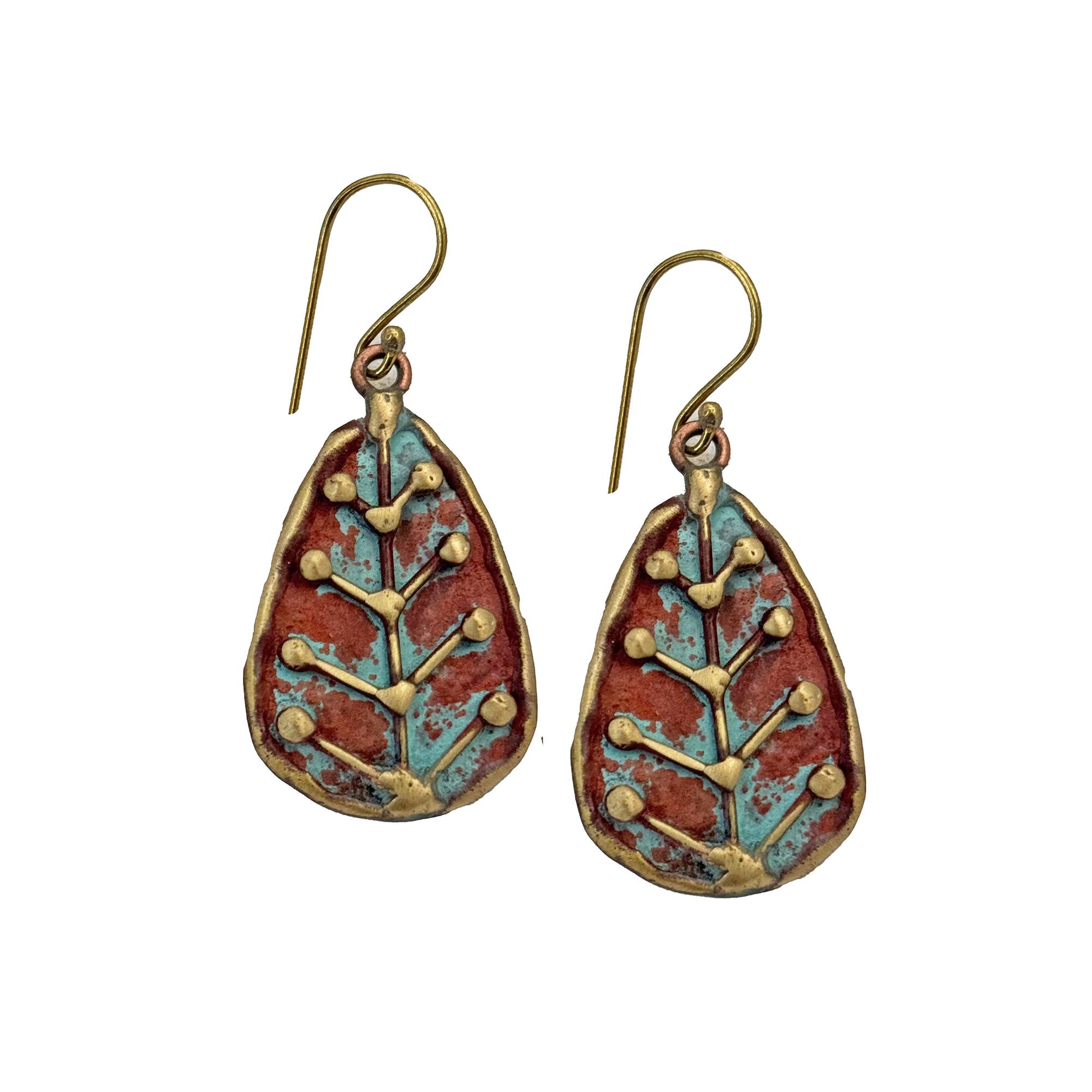 Handcrafted Two-Tone Dotted Leaf Brass Patina Earrings