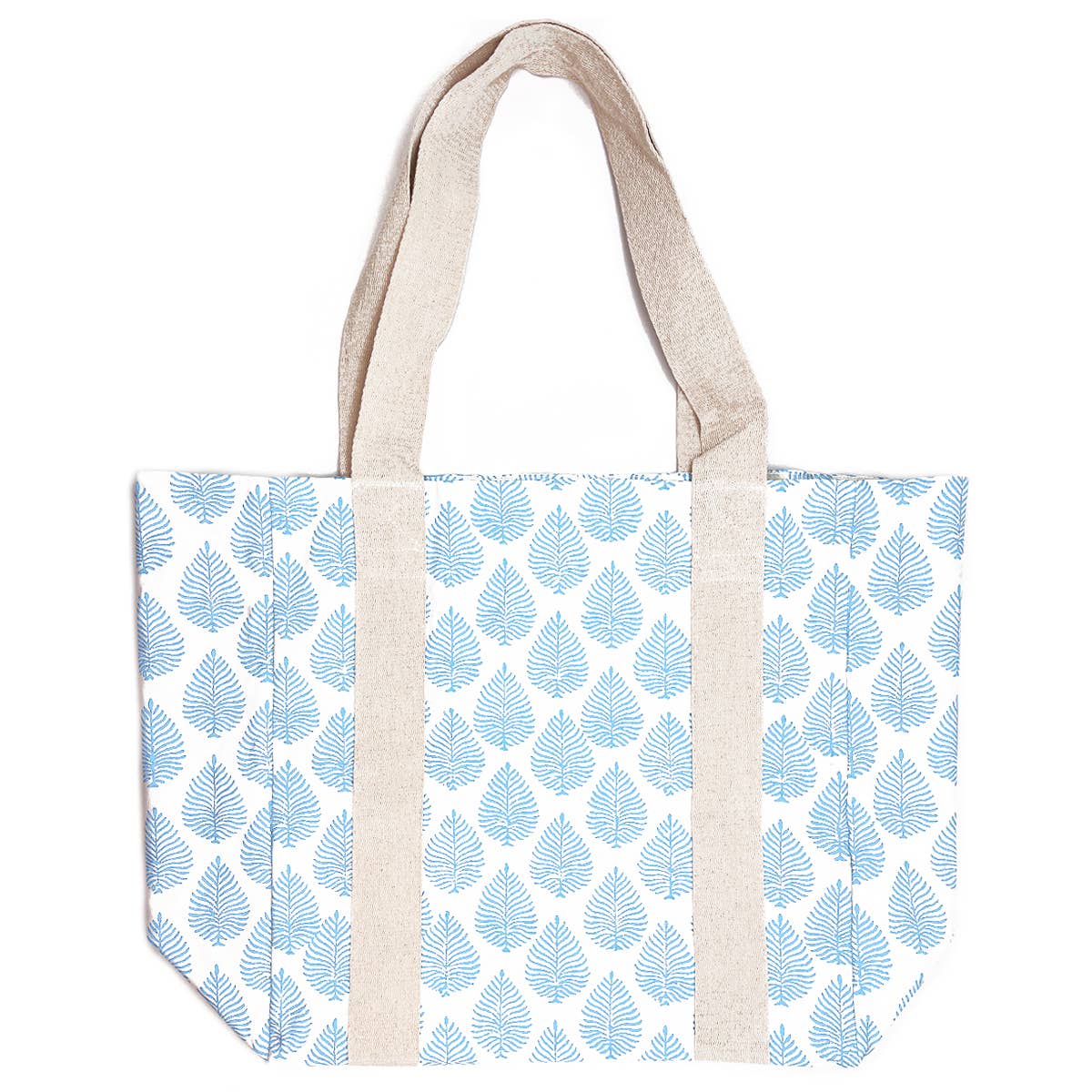 Handcrafted Canvas Bag with Block-Printed Sky Blue Leaves
