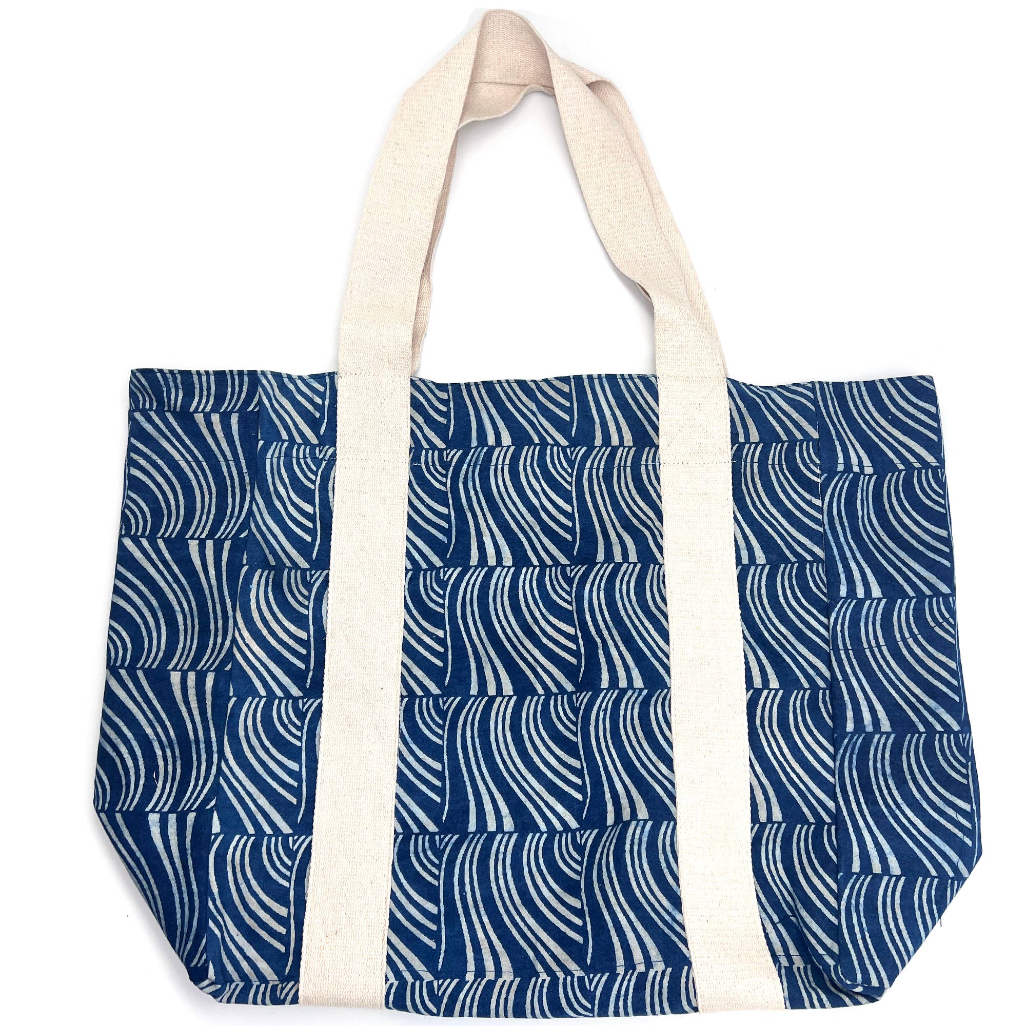 Handcrafted Canvas Bag with Block-Printed Ocean Waves