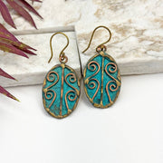 Handcrafted Turquoise Scrollwork Brass Patina Earrings