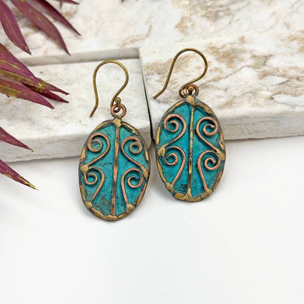 Handcrafted Turquoise Scrollwork Brass Patina Earrings