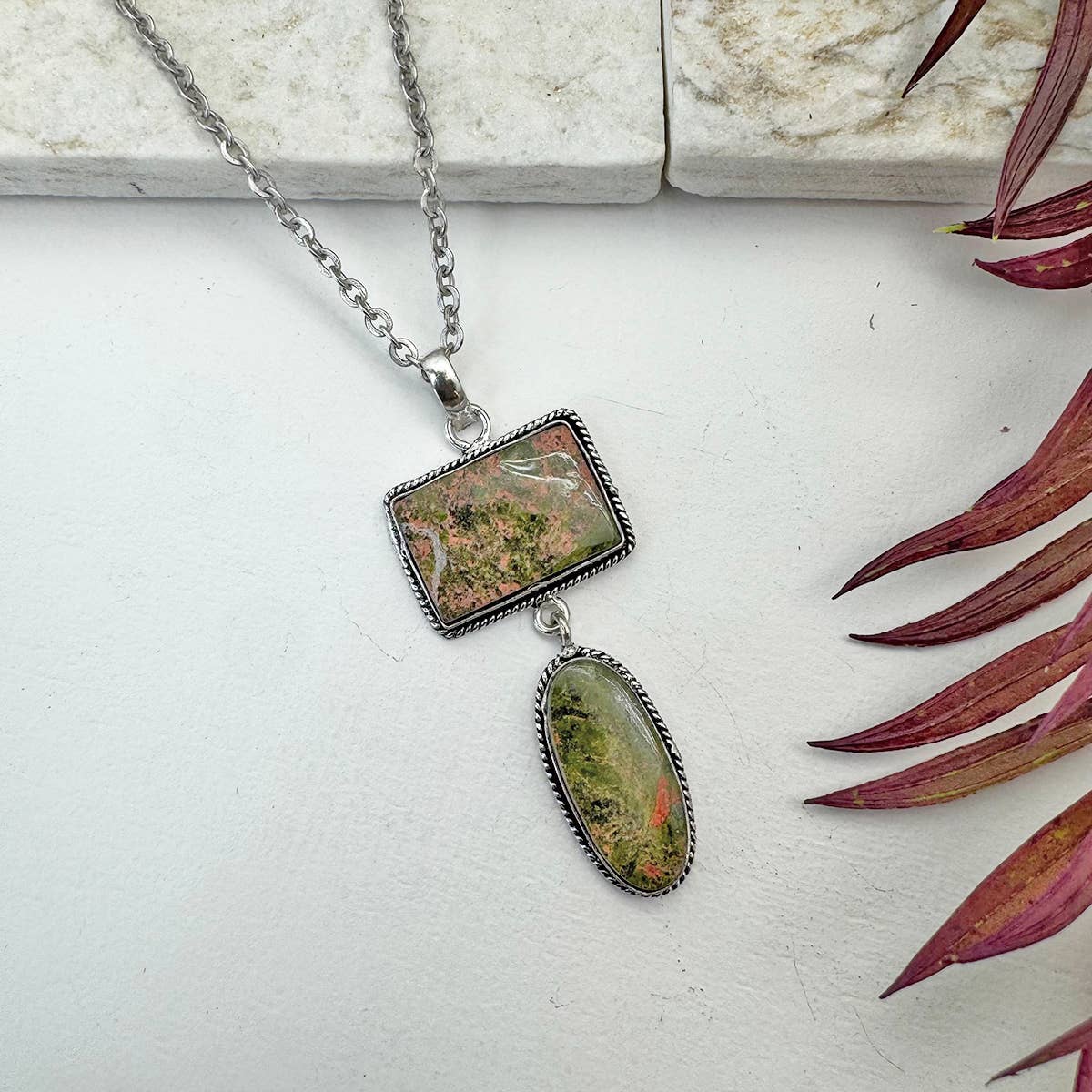 Handcrafted Semiprecious Stone Pendant Necklace - Unakite