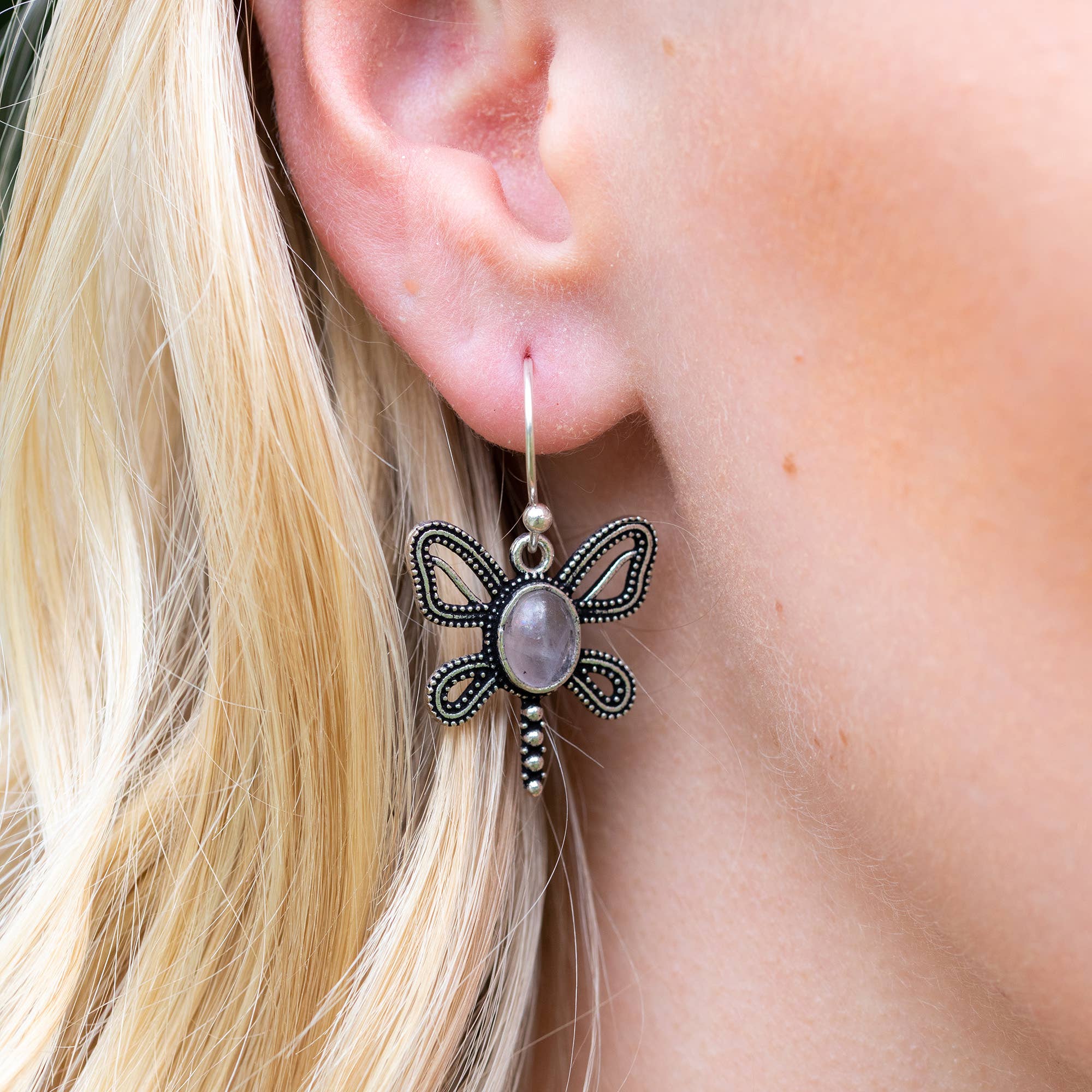 Tanvi Silver-Plated and Rose Quartz Earrings - Dragonfly