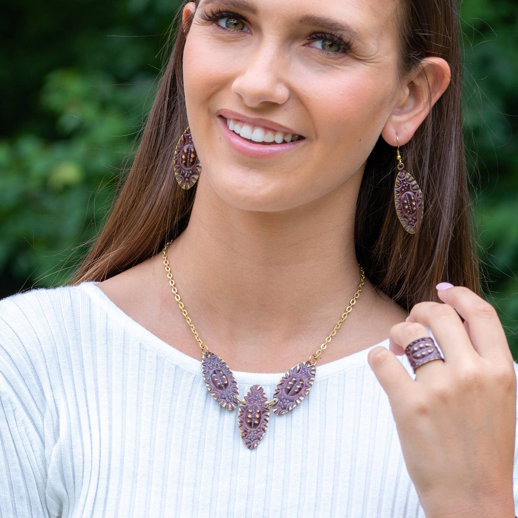 Brass Patina Necklace - Plum Purple Dots and Lines Ovals