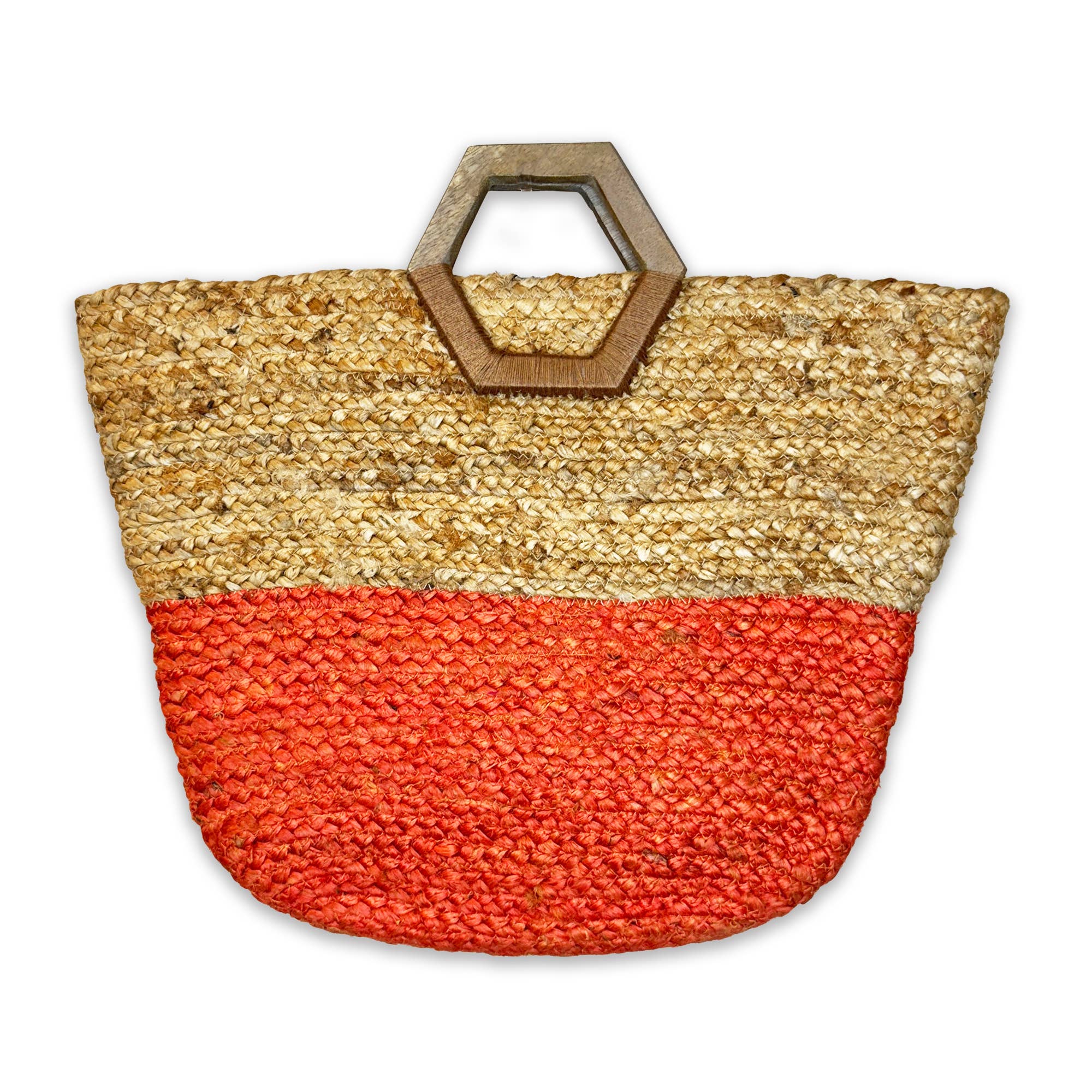 Florence Hand Bag - Natural/Coral Jute Bag with Wood Handle