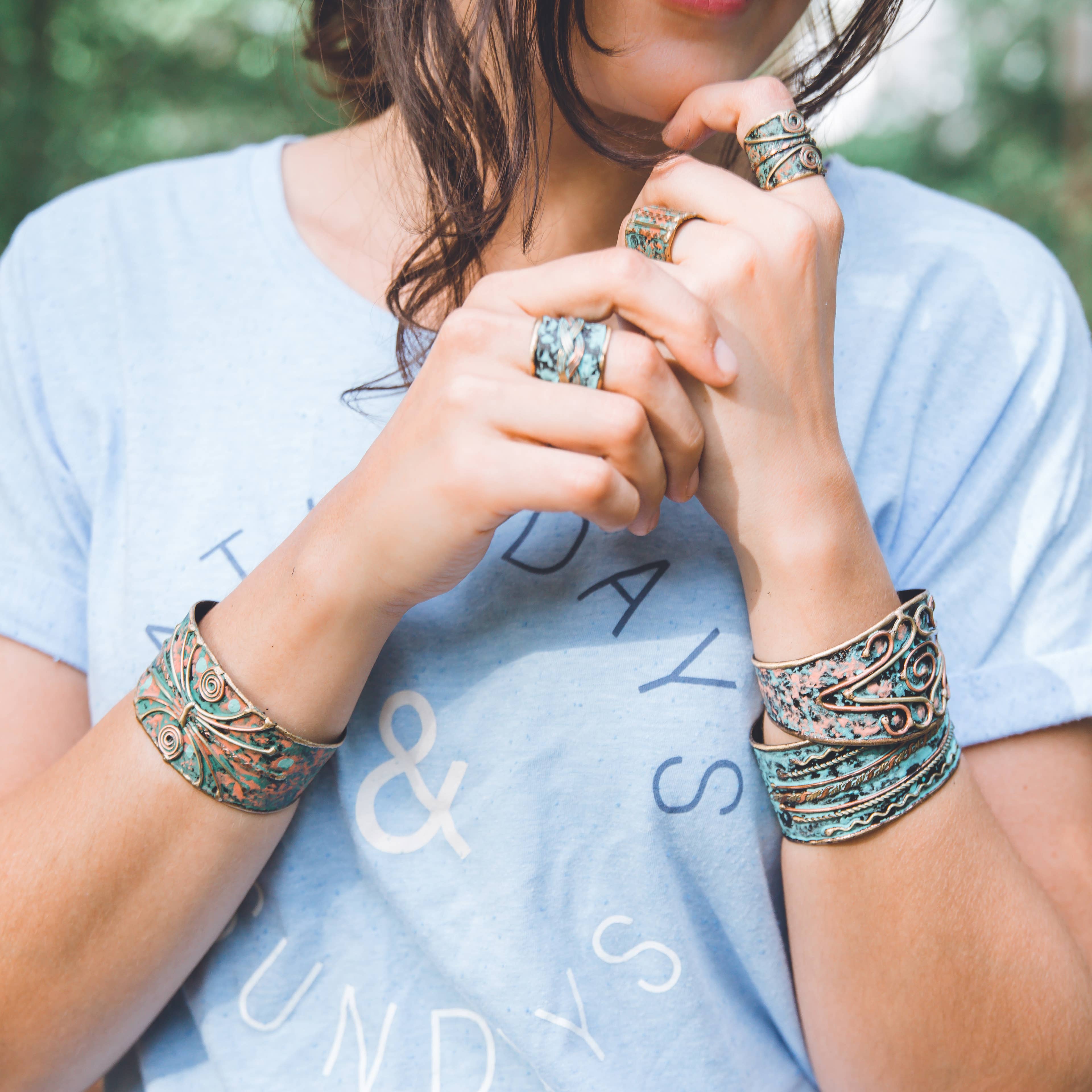 Brass Patina Arcs and Spirals Ring