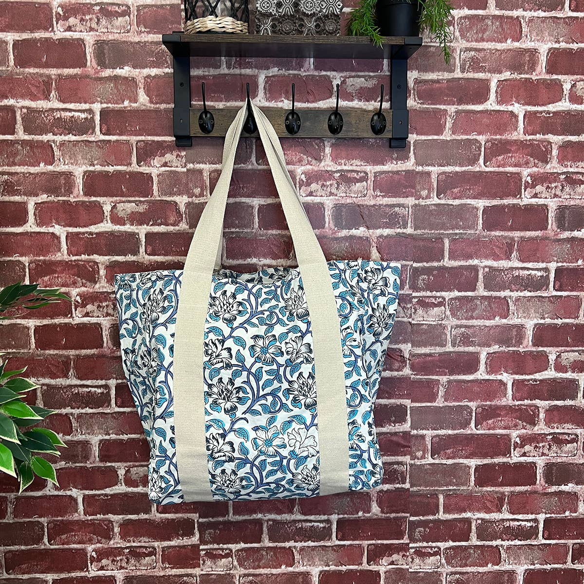 Handcrafted Canvas Bag with Block-Printed Blue Thistle