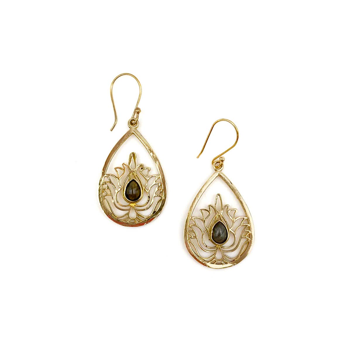 Tanvi Gold-Plated & Labradorite Earrings - Lotus in Teardrop