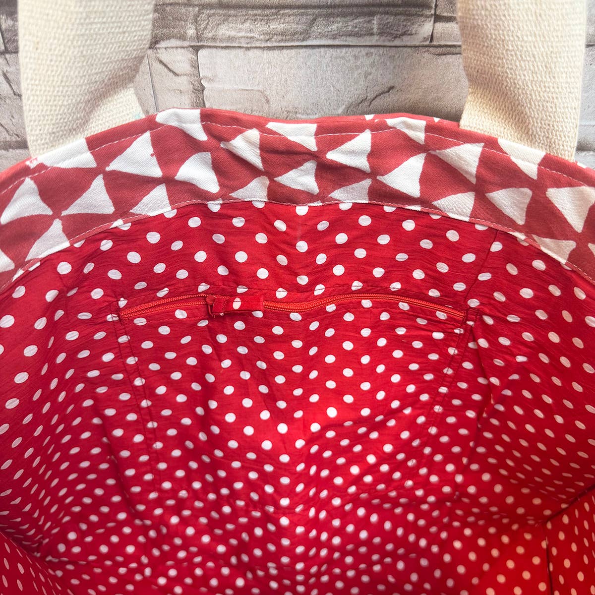 Canvas Bag with Block-Printed Red geometric pattern