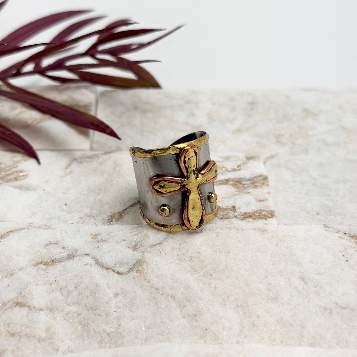 Handcrafted Cross Mixed Metal Ring
