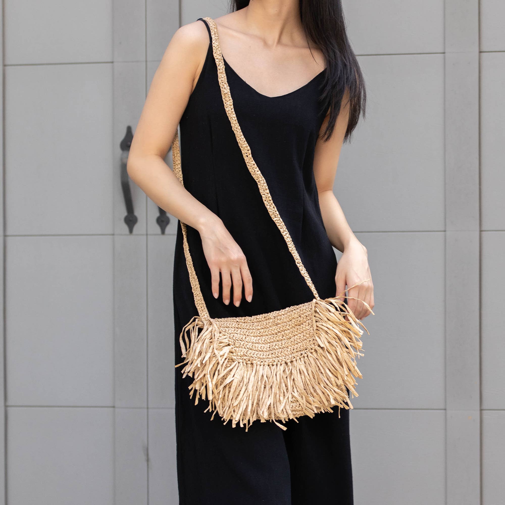 Rhea Bag - Raffia Fringe Envelope Crossbody Bag - Natural