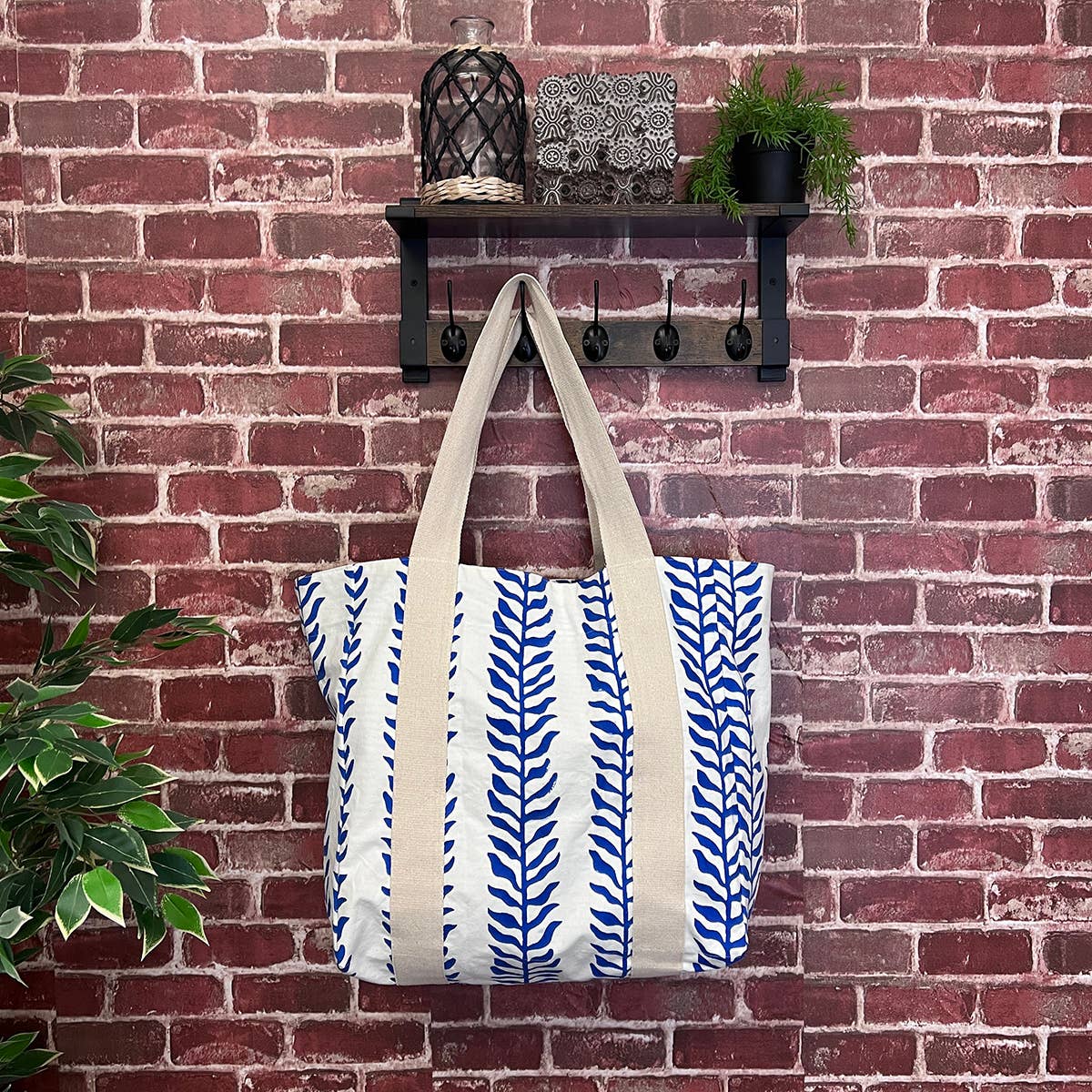 Handcrafted Canvas Bag with Block-Printed Seaside Serenity