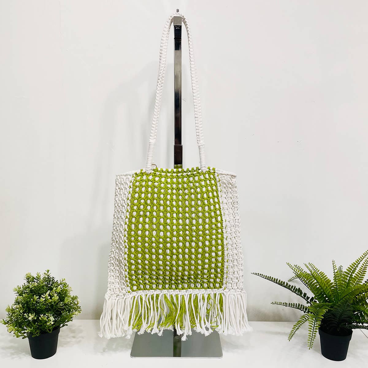 Millie Bag - Knitted Raffia Bag with fringes - Lime Green