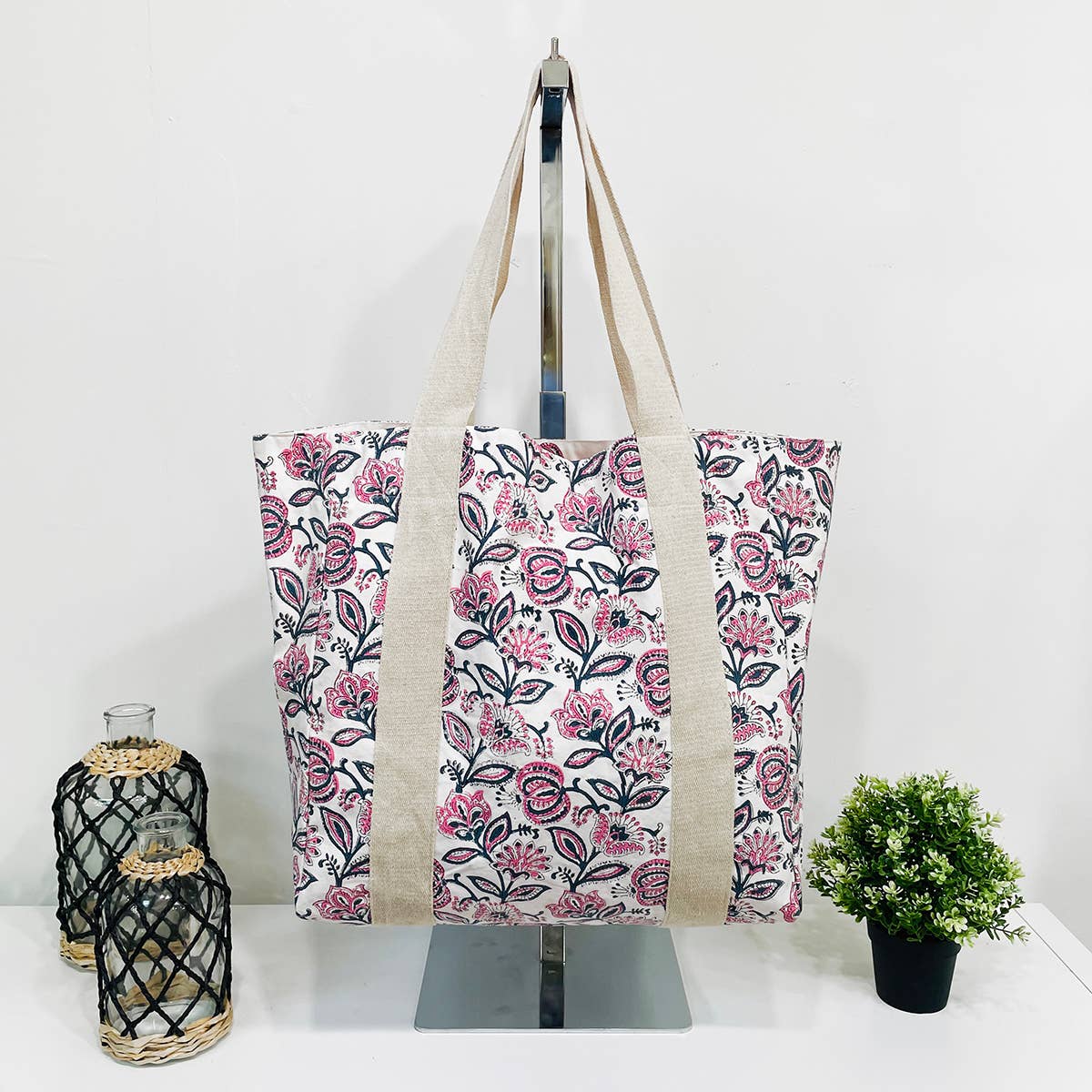 Handcrafted Canvas Bag with Block-Printed Blossoms in Violet
