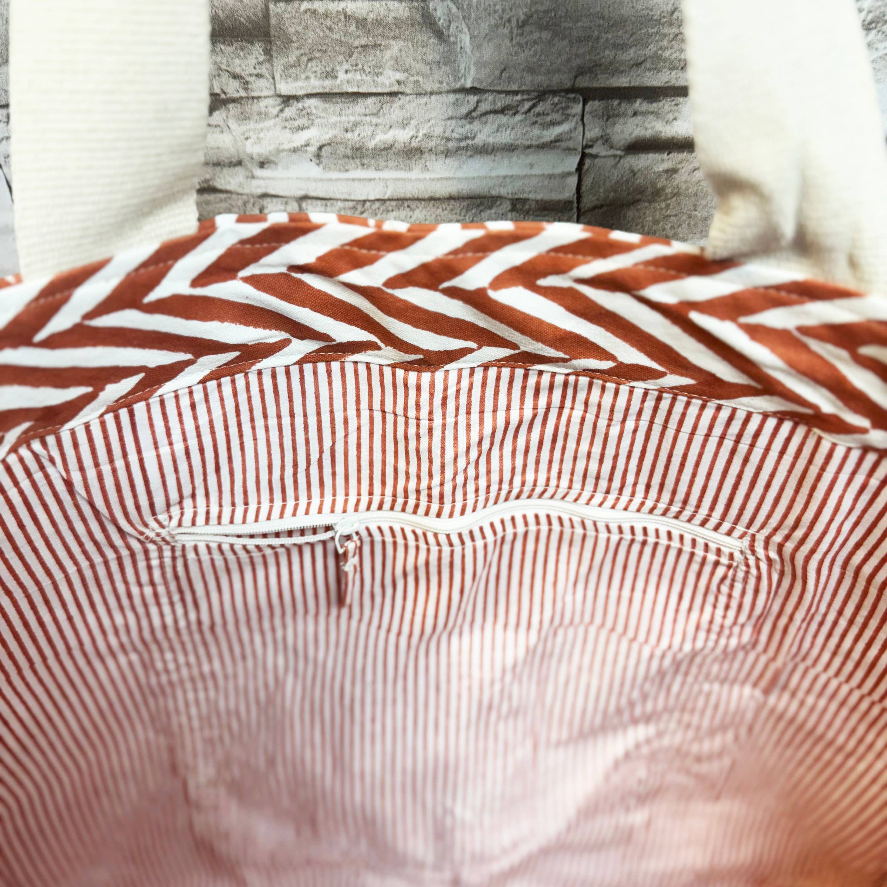 Canvas Bag with Block-Printed Red and White Zigzag Pattern