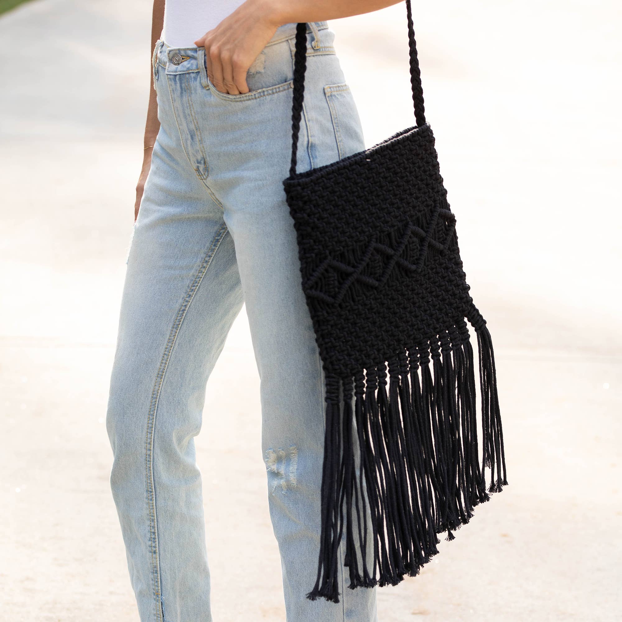 Josie Bag - Cotton macrame sling bag with fringes - Black