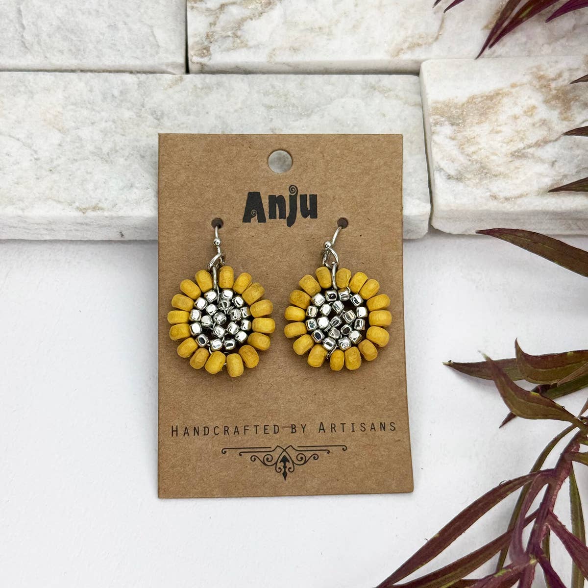 Sachi Wood Bead Flower Earrings - Yellow