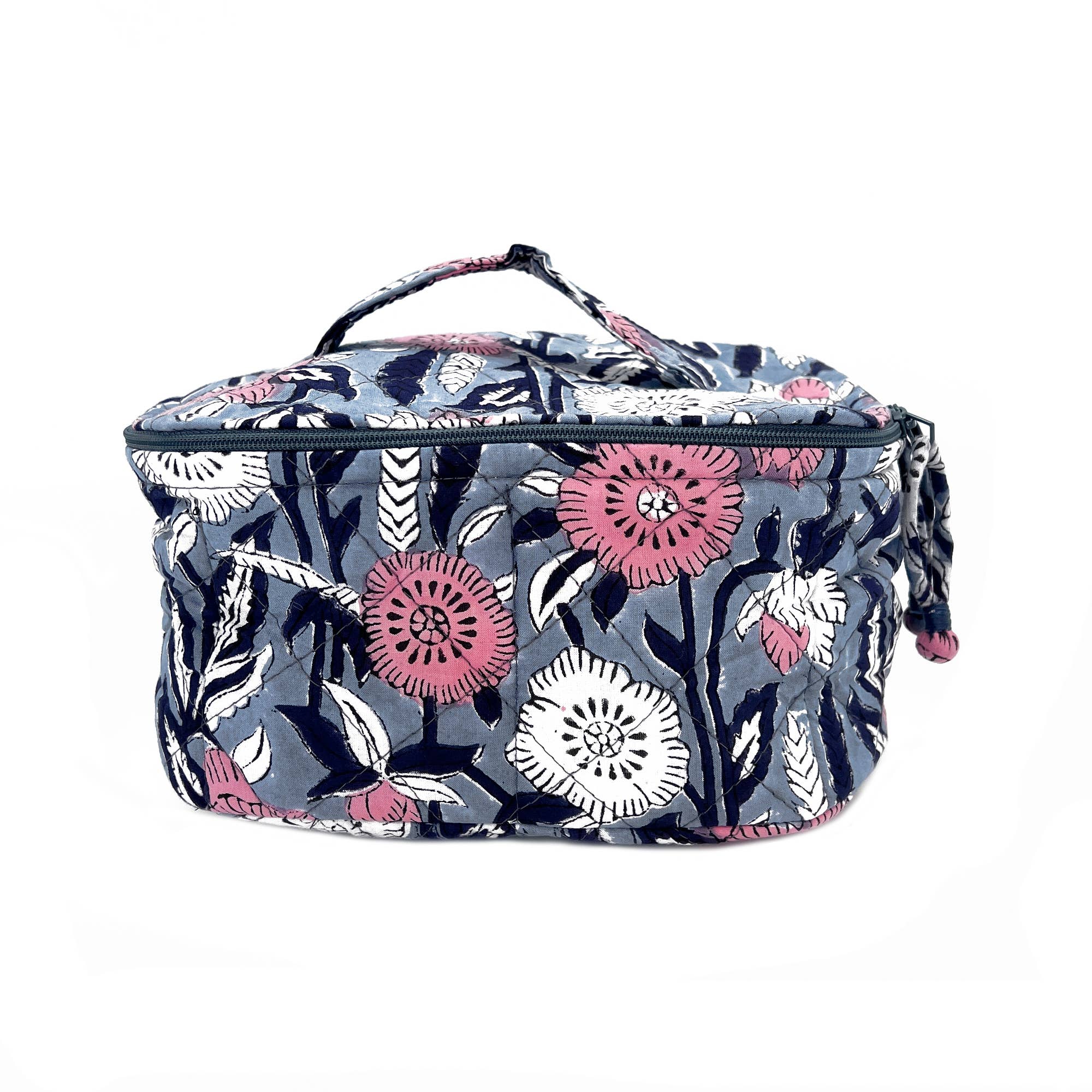 Midnight Blossoms Large Cosmetic Case- Block Printed Cotton