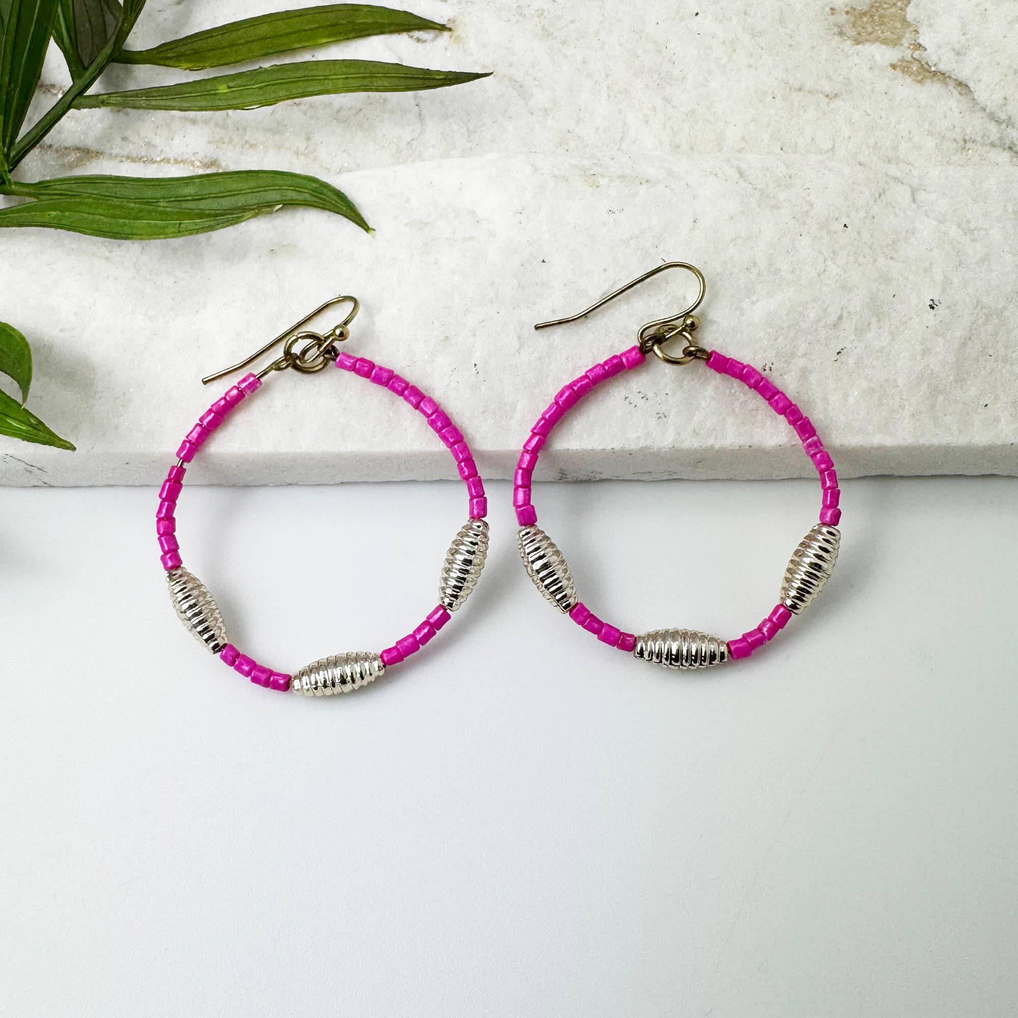 Seed Bead Hoop Earrings - Fuchsia