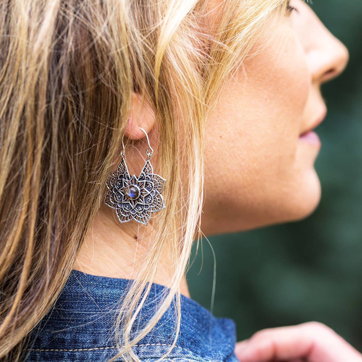 Tanvi Collection Earrings - Labradorite Silver Lace Flower