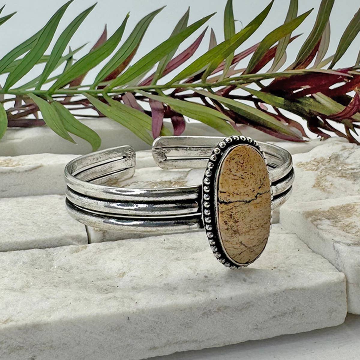 Handcrafted Kashi Semiprecious Stone Cuff - Picture Jasper