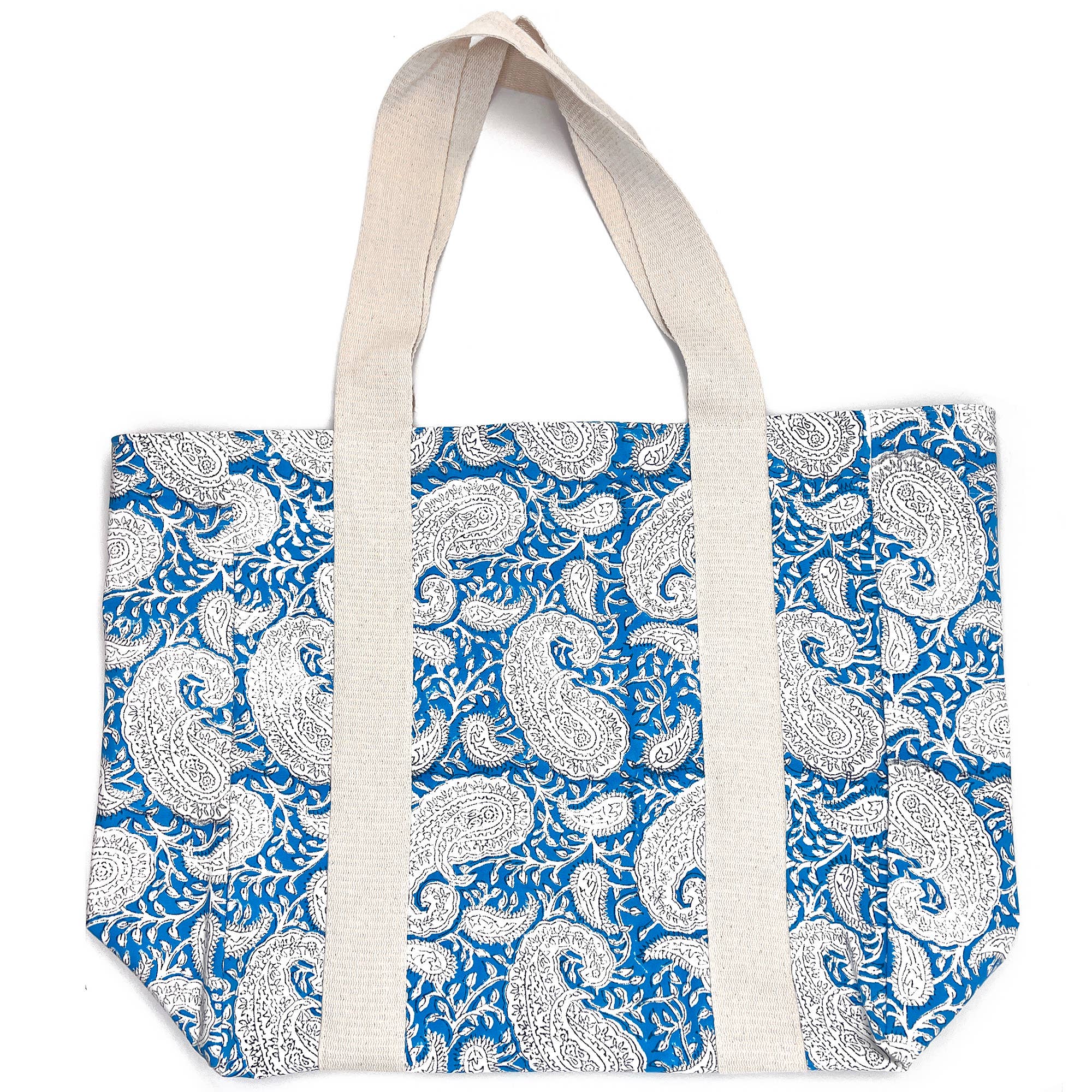 Handcrafted Canvas Bag with Block-Printed Blue Paisley