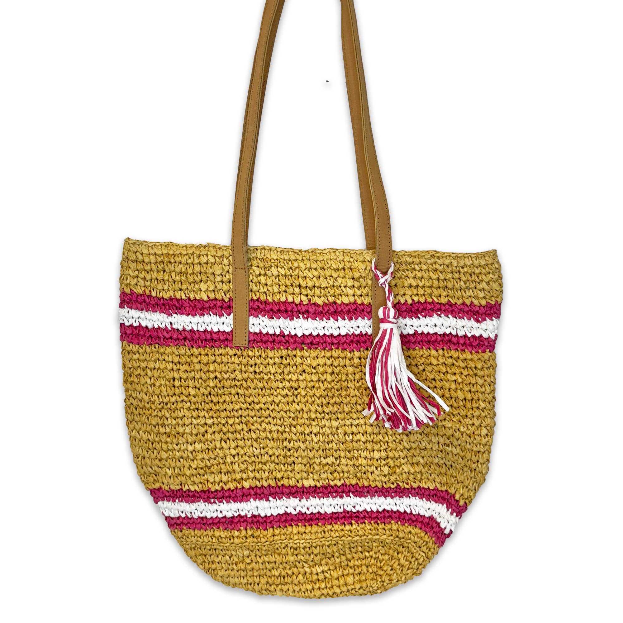 Tahiti Bag - Pink and White Stripes Raffia Bag with Tassel