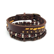 Aadi Bracelet Bundle Brown Embroidered Buckle, Wood Beads