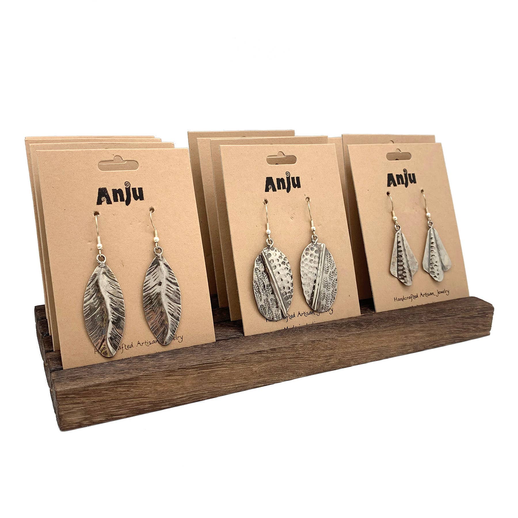 Kashi Antique Silver Earrings and Wooden Display