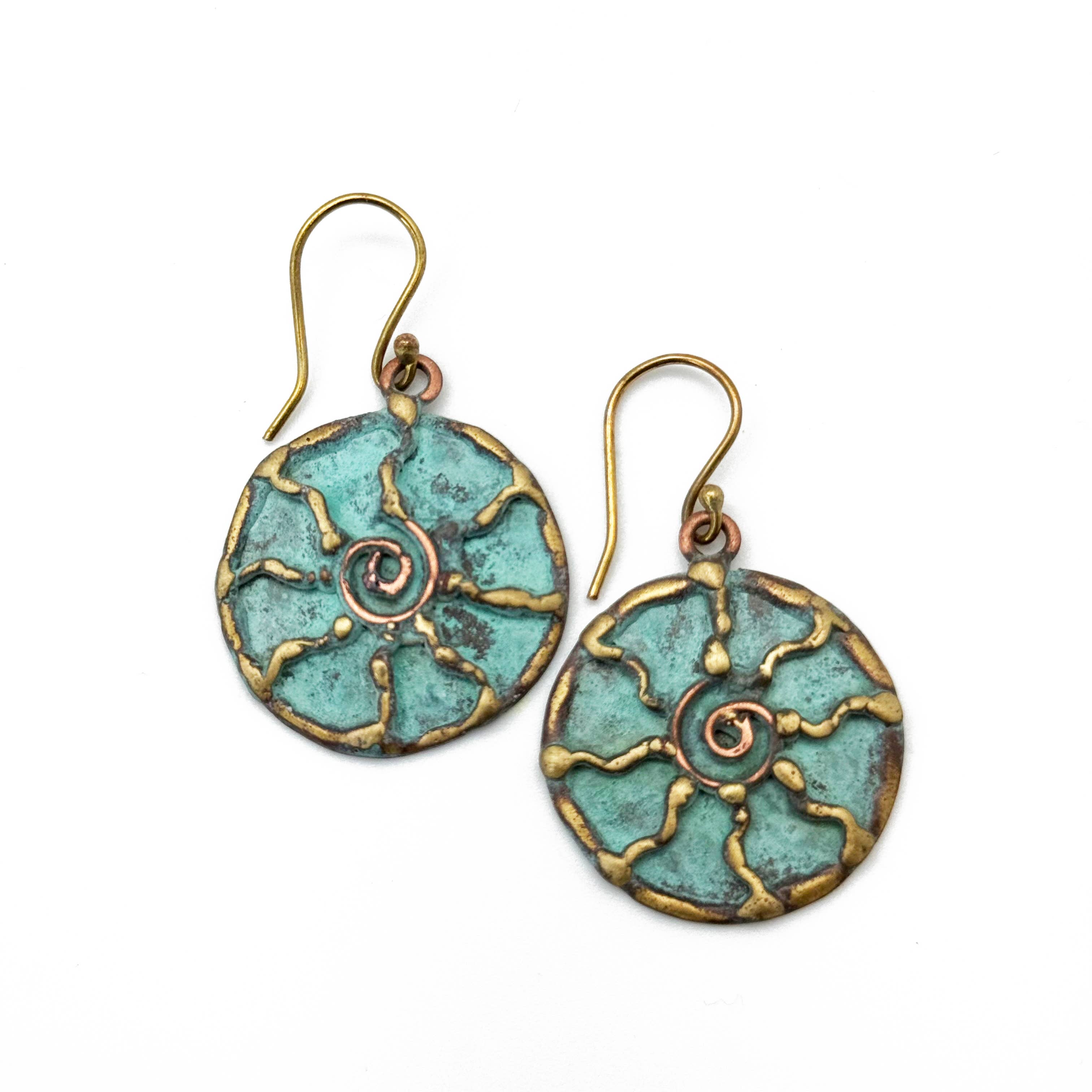 Handcrafted Verdigris Spiral Sun Brass Patina Earrings