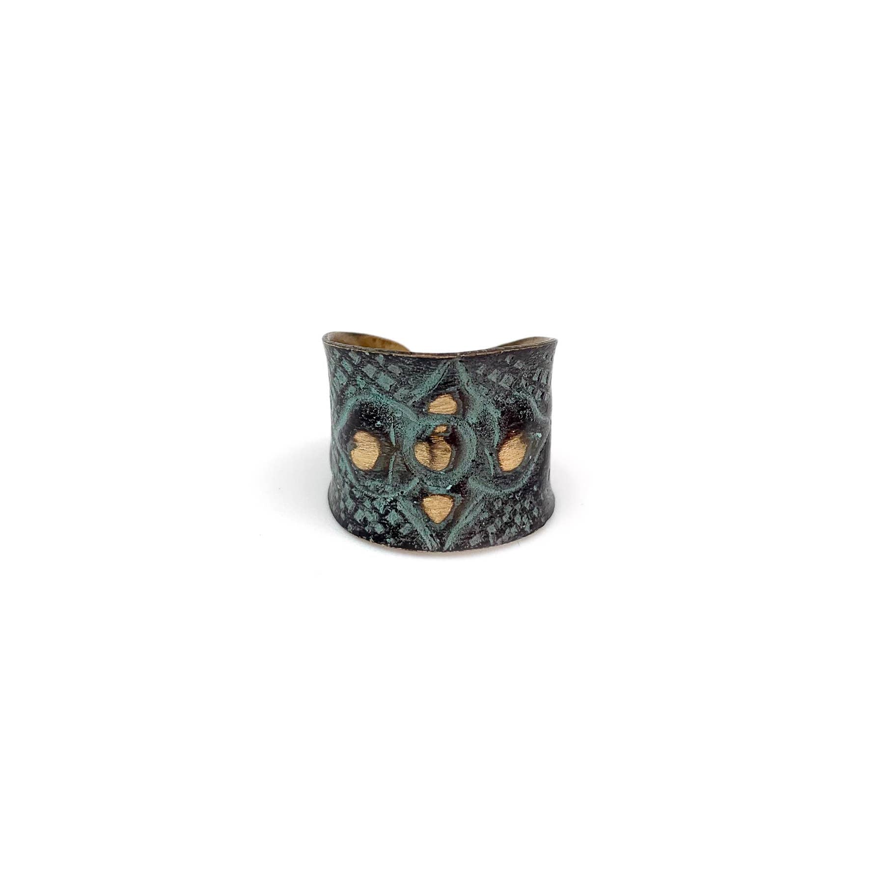 Brass Patina Ring - Aqua and Brown Arabic Flower
