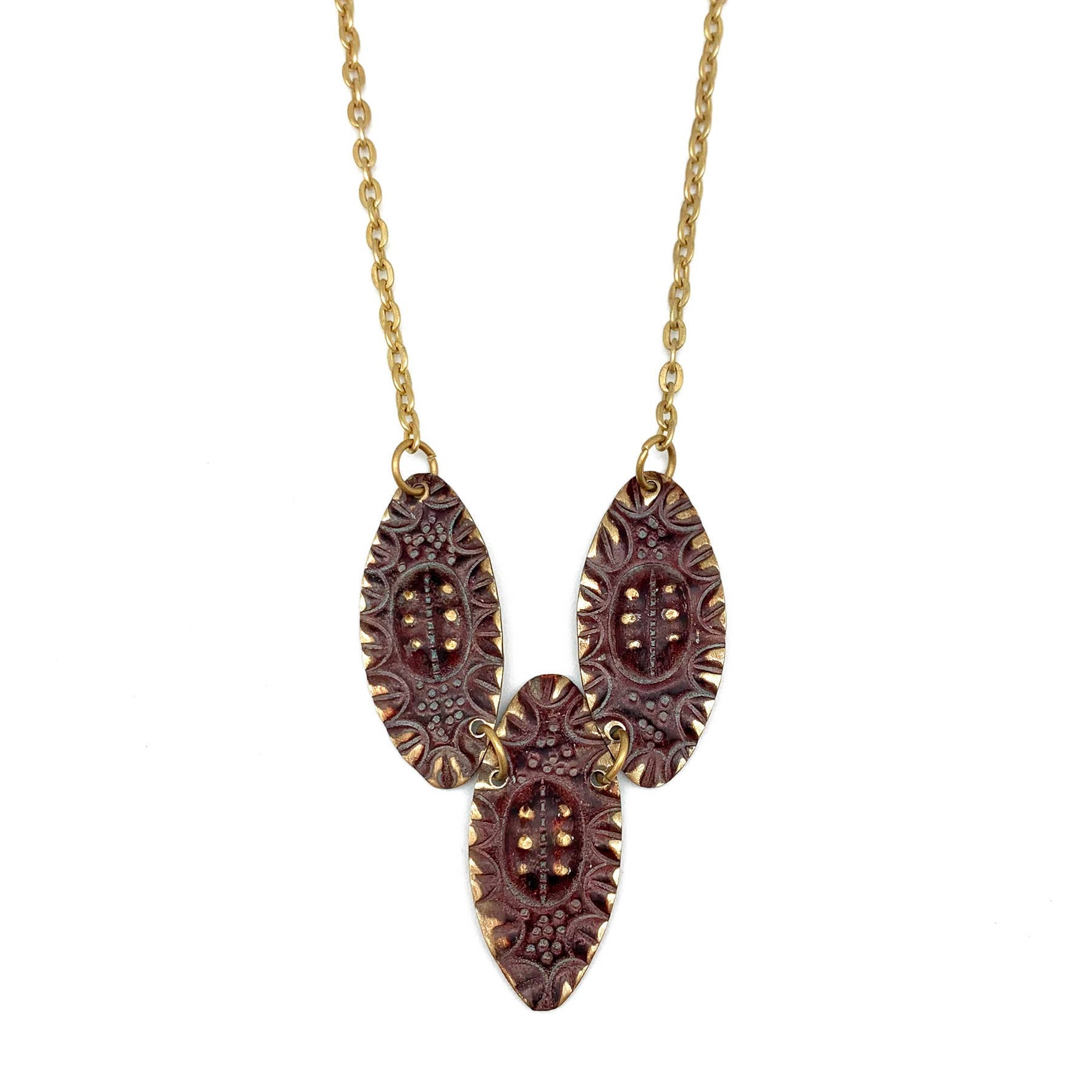 Brass Patina Necklace - Plum Purple Dots and Lines Ovals