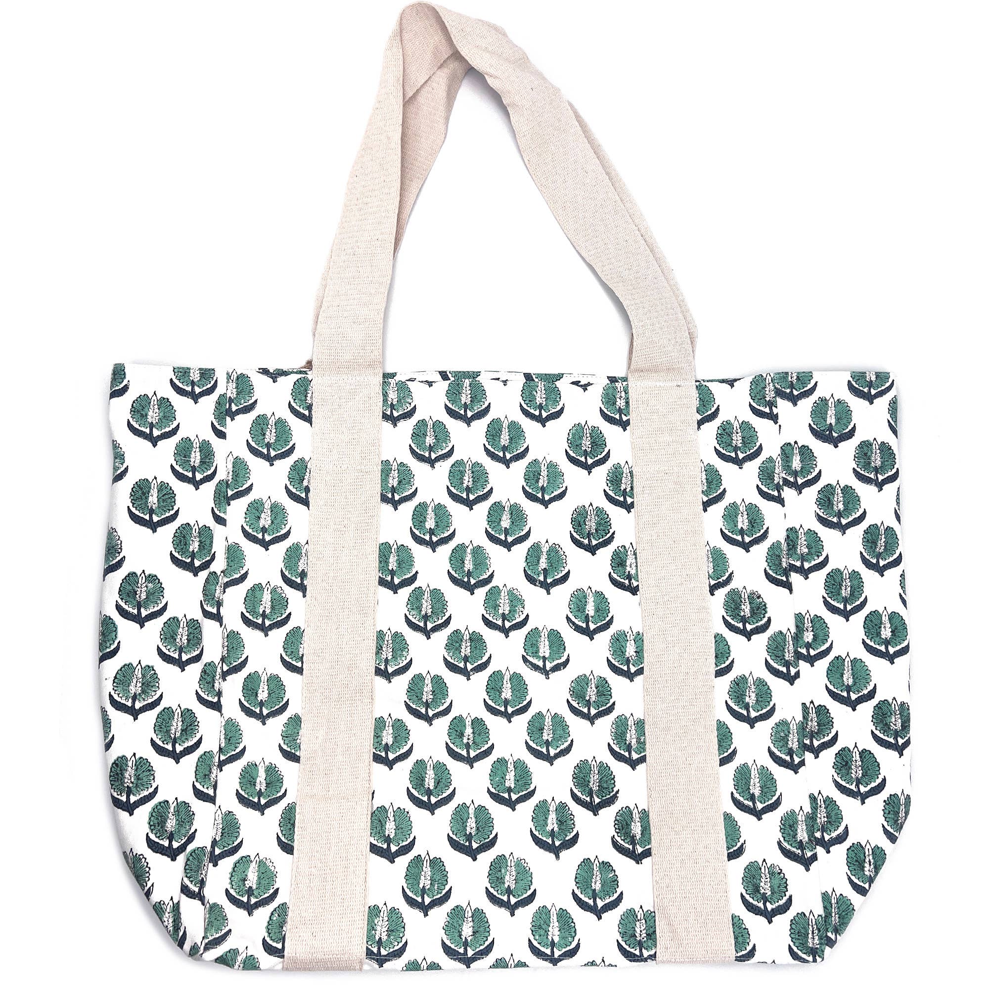 Handcrafted Canvas Bag with Block-Printed Teal Marigold