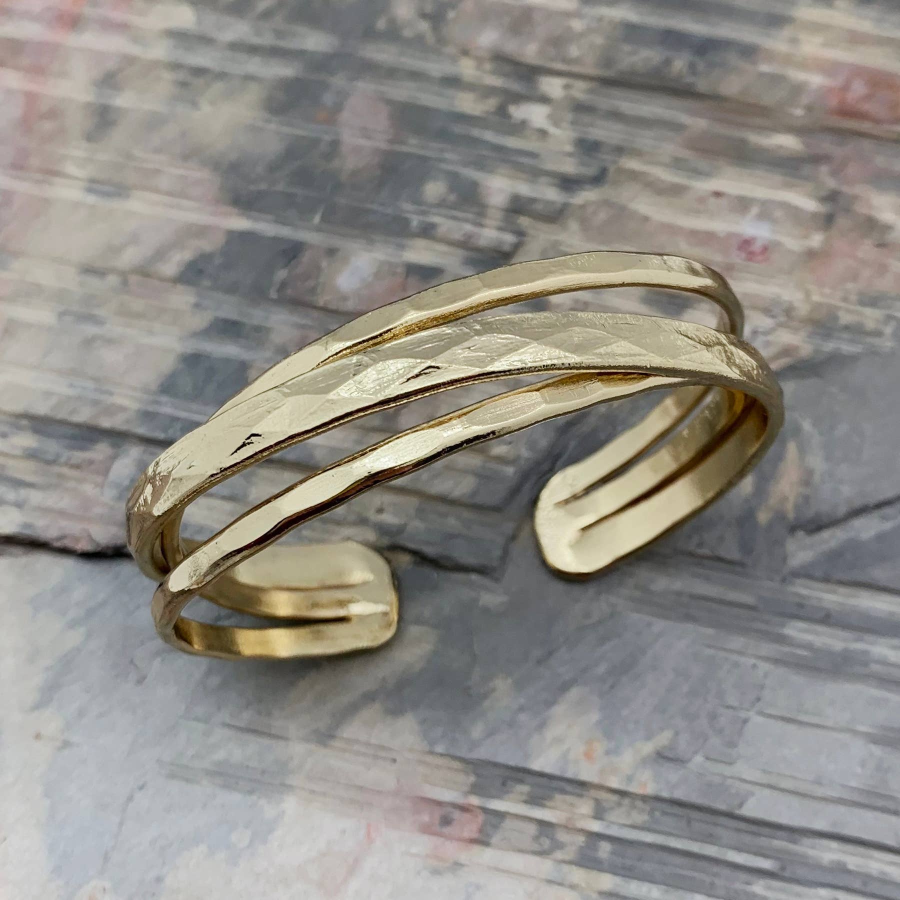 Gold Plated Adjustable Cuff Bracelet - Stacked Thin Bands